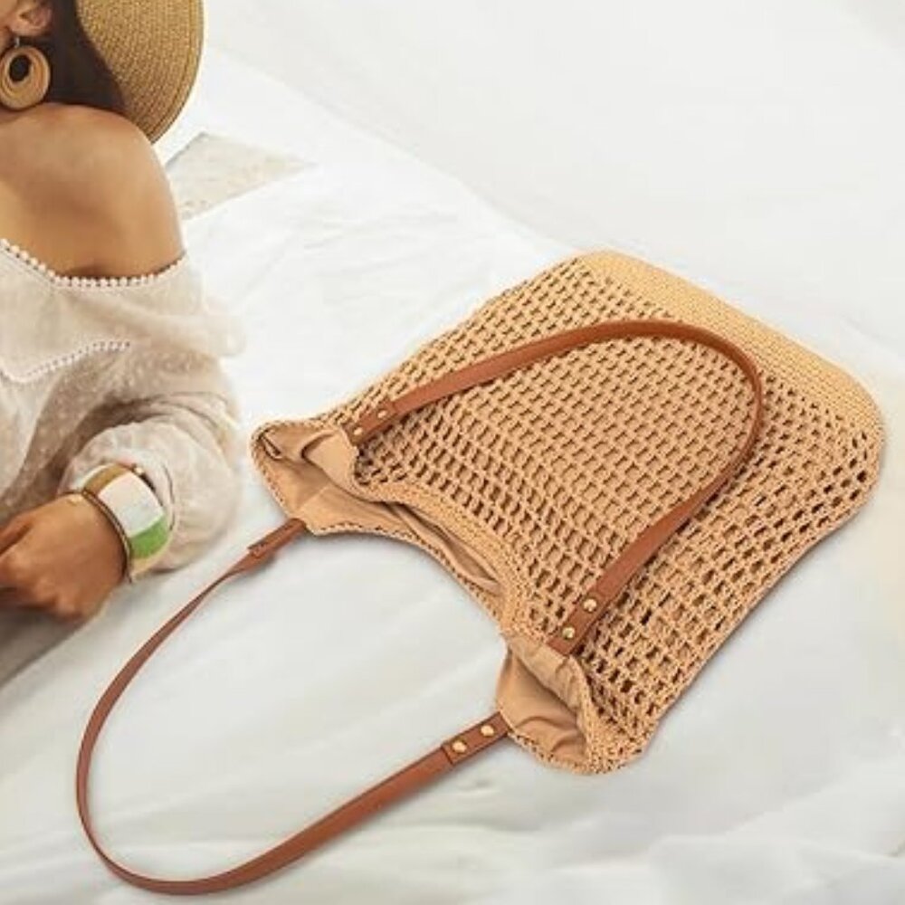 Neiman Marcus Khaki Crochet Beach Bag
